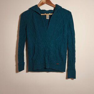 y2k Ruff Hewn 100% Cotton Cable Knit V-Neck Hooded Sweater sz M Green Blue